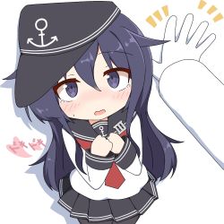 Rule 34 | 1girl, admiral (kancolle), akatsuki (kancolle), anchor symbol, black hat, black sailor collar, black skirt, blush, colored shadow, commentary request, drop shadow, flat cap, gloves, hair between eyes, hands up, hat, heart, highres, ichi (ichi.colors), kabedon, kantai collection, long hair, long sleeves, looking at viewer, neckerchief, open mouth, pleated skirt, pov, purple eyes, purple hair, red neckerchief, sailor collar, shadow, shirt, skirt, solo focus, sweat, tears, translation request, very long hair, white background, white gloves, white shirt
