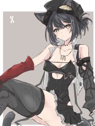 Rule 34 | 1girl, an fyhx, animal ears, arknights, bare shoulders, black hair, black headwear, black leotard, black skirt, black thighhighs, blush, breasts, bright pupils, cat ears, cat girl, cat tail, cleavage, closed mouth, collarbone, crossed legs, detached sleeves, goggles, goggles on head, grey background, highres, jewelry, leotard, leotard under clothes, long sleeves, looking at viewer, miniskirt, necklace, rockrock (arknights), short hair, simple background, sitting, skirt, small breasts, solo, strapless, strapless leotard, tail, thighhighs, yellow eyes