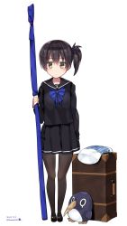 Rule 34 | 10s, 1girl, 2015, aged down, arm at side, black footwear, black hair, black pantyhose, black serafuku, black shirt, black skirt, blouse, blue bow, blush, bow, briefcase, brown eyes, brown hair, collarbone, dated, dot nose, expressionless, failure penguin, full body, highres, holding, image sample, kaga (kancolle), kantai collection, kuro chairo no neko, legs together, long sleeves, looking at viewer, luggage, mary janes, pantyhose, paw print, pillow, pleated skirt, school uniform, serafuku, shirt, shoes, short hair, side ponytail, simple background, skirt, solo, standing, stuffed animal, stuffed penguin, stuffed toy, suitcase, twitter username, weapon bag, white background