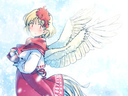 Rule 34 | 1girl, animal, bird, bird tail, bird wings, blonde hair, blush, chick, dress, feathered wings, from side, long sleeves, multicolored hair, niwatari kutaka, parted lips, rangycrow, red dress, red eyes, red hair, shirt, short hair, snowing, solo, tail, touhou, two-tone hair, white shirt, wings