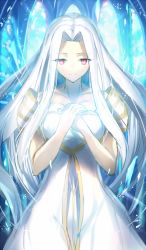 Rule 34 | 1girl, bare shoulders, breasts, collarbone, cowboy shot, dress, fate/zero, fate (series), hair intakes, irisviel von einzbern, irisviel von einzbern (angel&#039;s song), long hair, looking at viewer, mashima saki (mashimasa), medium breasts, own hands together, pink eyes, smile, solo, very long hair, white dress, white hair