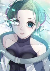 Rule 34 | 1girl, bare shoulders, blue eyes, dress, earrings, glitch, gnosia, green eyes, green hair, highres, jewelry, lipstick, looking at viewer, makeup, mole, mole under eye, qp7mag7eswhllqe, short hair, sleeveless, sleeveless dress, solo, stella (gnosia)