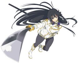 Rule 34 | 1girl, artist request, black hair, blue eyes, boots, breasts, floating hair, full body, highres, holding, holding weapon, ikaruga (senran kagura), large breasts, leggings, light blush, long hair, looking at viewer, military uniform, official art, open mouth, senran kagura, serious, sword, transparent background, uniform, weapon