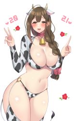 Rule 34 | 1girl, 2021, ahoge, animal ears, animal print, bell, blush, braid, breasts, brown eyes, brown hair, cleavage, cow ears, cow horns, cow print, cow tail, embarrassed, eryu kamemura, fake animal ears, fake horns, fake tail, feet out of frame, female focus, groin, hands up, highres, horns, idolmaster, idolmaster shiny colors, index finger raised, kuwayama chiyuki, large breasts, legs, long hair, looking at viewer, navel, neck bell, o-ring, open mouth, panties, shrug (clothing), simple background, single braid, smile, solo, standing, tail, thighs, underwear, v, white background