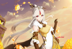 Rule 34 | 1girl, absurdres, bare shoulders, black gloves, breasts, china dress, chinese clothes, cloud, cloudy sky, day, dd (897671246), dress, elbow gloves, floating rock, frilled sleeves, frills, fur, fur collar, gem, genshin impact, gloves, hair ornament, hairpin, highres, huge filesize, large breasts, long hair, looking at viewer, ningguang (genshin impact), parted bangs, red eyes, sidelocks, sky, solo, tassel, very long hair, white hair