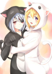 Rule 34 | 10s, 2girls, animal costume, animal ears, aoi usagi, ass, bad id, bad pixiv id, blonde hair, blush, breast press, cat ears, cat girl, cat tail, charlotte dunois, artistic error, eye contact, eyepatch, female focus, hood, hoodie, infinite stratos, laura bodewig, looking at another, looking at viewer, looking back, md5 mismatch, multiple girls, open mouth, paw pose, purple eyes, red eyes, shy, silver hair, tail, wink, yuri