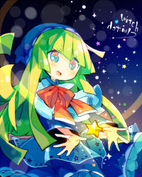 Rule 34 | 1girl, :d, ana (rznuscrf), blue dress, blue eyes, blue hat, blush, bow, capelet, character request, dress, green hair, hat, long hair, long sleeves, looking away, open mouth, outstretched arms, puyopuyo, red bow, smile, solo, star-shaped pupils, star (symbol), symbol-shaped pupils, very long hair, white capelet, wide sleeves