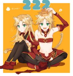 Rule 34 | 2girls, animal ears, cat, cat ears, cat girl, cat tail, character request, crossed legsh, fate (series), full body, green eyes, hand up, heart, highres, long hair, medium hair, midriff, mordred (fate), multiple girls, open mouth, rizu033, sitting, spoken heart, tail