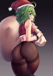 1girl ass bag bare_shoulders blush breasts christmas from_behind green_eyes green_hair greenopi hat highres huge_ass looking_at_viewer looking_back open_mouth original pantyhose parted_lips santa_costume santa_hat short_hair sideboob smile solo sweatdrop thighband_pantyhose thong thong_under_pantyhose wrist_cuffs