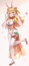 Rule 34 | 1girl, absurdres, animal ears, arms up, blonde hair, blush, botamochi (botabutasan), breasts, cleavage, corset, covered navel, double bun, double v, fake animal ears, fang, full body, green eyes, hair bun, high heels, highres, hololive, large breasts, leg up, leotard, long hair, looking at viewer, momosuzu nene, nekko (momosuzu nene), open mouth, orange corset, orange footwear, playboy bunny, rabbit ears, shoes, smile, standing, standing on one leg, thigh strap, thighhighs, thighs, two side up, v, virtual youtuber, white leotard, white thighhighs