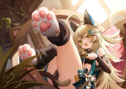 Rule 34 | 1girl, :d, ahoge, animal ears, bare shoulders, blonde hair, cat ears, cat tail, commentary request, detached sleeves, genshin impact, green eyes, highres, indoors, kirara (genshin impact), leg warmers, legs up, long hair, long sleeves, looking at viewer, nahaki, open mouth, smile, solo, tail, tail censor, thighs, very long hair