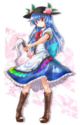 Rule 34 | 1girl, blue hair, boots, cross-laced footwear, dress, food, fruit, full body, hat, highres, hinanawi tenshi, lace-up boots, layered dress, long hair, looking at viewer, naegi (naegidokoro), peach, puffy sleeves, red eyes, ribbon, short sleeves, smile, solo, sword of hisou, touhou