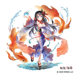 Rule 34 | 1girl, :d, animal, black footwear, black hair, blue dress, blue eyes, breasts, commentary request, copyright notice, copyright request, detached sleeves, dress, fish, full body, goldfish, hydrokinesis, long hair, long sleeves, looking at viewer, marmoset (marmoset0), medium breasts, official art, open mouth, sandals, see-through, smile, solo, standing, standing on one leg, very long hair, water, watermark, white background, white sleeves, wide sleeves, zouri
