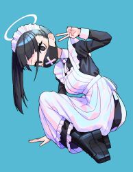 Rule 34 | 1girl, 28 (282teeth), absurdres, alternate costume, apron, aqua background, black dress, black eyes, black footwear, black hair, black mask, blue archive, breasts, commentary, dress, english commentary, enmaided, halo, highres, legs folded, maid, maid headdress, mask, medium breasts, mouth mask, ponytail, simple background, solo, sukeban (smg) (blue archive), v, white apron, x