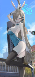 Rule 34 | 1girl, animal ears, arm up, asuna (blue archive), asuna (bunny) (blue archive), backless leotard, bare shoulders, blue archive, blue eyes, blue leotard, blue sky, breasts, brown pantyhose, building, day, detached collar, fake animal ears, feint721, gloves, grin, halo, high heels, highres, large breasts, leotard, light brown hair, long hair, looking at viewer, paid reward available, pantyhose, playboy bunny, rabbit tail, sky, smile, solo, standing, standing on one leg, strapless, strapless leotard, thighs, white gloves