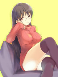 Rule 34 | 1girl, black thighhighs, breasts, brown eyes, brown hair, couch, crossed legs, duke (inu daimyou), glasses, impossible clothes, impossible shirt, long hair, no pants, original, ribbed sweater, shirt, sitting, sleeves past wrists, smile, solo, sweater, thighhighs, thighs, turtleneck