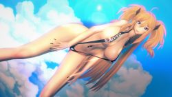 Rule 34 | 1girl, 3d, action taimanin, arm support, artist request, black one-piece swimsuit, blonde hair, blue sky, blush, breasts, curvy, fingernails, highleg, highres, huge breasts, long hair, naughty face, navel, one-piece swimsuit, onizaki kirara, shiny skin, sky, slingshot swimsuit, solo, swimsuit, taimanin (series), taimanin rpgx, twintails, very long hair