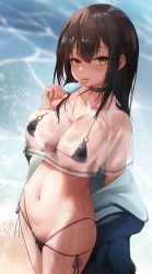 Rule 34 | 1girl, :p, absurdres, aoinu (aoinu 99), bikini, bikini under clothes, black bikini, black jacket, blush, breasts, brown hair, cleavage, collar, collarbone, cowboy shot, crop top, day, food, highres, holding, holding food, jacket, large breasts, long hair, looking at viewer, micro bikini, multi-strapped bikini, navel, open clothes, open jacket, orange eyes, original, outdoors, popsicle, see-through, skindentation, smile, solo, stomach, swimsuit, tongue, tongue out, unzipped, water, wet