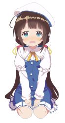 Rule 34 | 10s, 1girl, ahoge, bad id, bad pixiv id, beret, blue dress, blue eyes, blush, brown hair, commentary request, dress, full body, hair ribbon, hat, hinatsuru ai, layered sleeves, long hair, long sleeves, looking at viewer, low twintails, nose blush, open mouth, puffy short sleeves, puffy sleeves, ribbon, ryuuou no oshigoto!, school uniform, short over long sleeves, short sleeves, simple background, sitting, solo, twintails, v-shaped eyebrows, v arms, very long hair, wariza, white background, white hat, yellow neckwear, yellow ribbon, zundamochi (pixiv13535730)