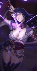 Rule 34 | 1girl, braid, breasts, bridal gauntlets, citemer, cleavage, drawing sword, electricity, genshin impact, highres, holding, holding sword, holding weapon, japanese clothes, kimono, large breasts, low-braided long hair, low-tied long hair, nail polish, obi, obiage, obijime, purple eyes, purple hair, purple kimono, purple nails, purple thighhighs, raiden shogun, sash, sword, thighhighs, weapon