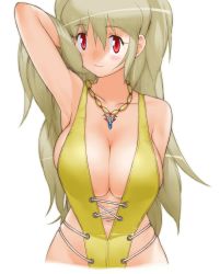 1girl absurdres blonde_hair blush breasts diol_twee female_focus highres jewelry large_breasts long_hair navel necklace otomedius red_eyes simple_background solo swimsuit white_background yoshizaki_mine