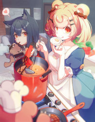 Rule 34 | 2girls, animal ear fluff, animal ears, apron, arknights, bear ears, black hair, blonde hair, blush, blush stickers, bow, ear piercing, earrings, egg, female focus, food, gummy (arknights), hair bow, heart, highres, jewelry, licking lips, looking at viewer, multiple girls, nail polish, orange eyes, orange nails, oven, piercing, pocky, short hair, smile, sora e no tobira, spoken heart, tail, texas (arknights), tomato, tongue, tongue out, wolf ears