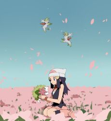 1girl beanie black_shirt black_socks blue_eyes blue_hair blue_sky boots clear_sky closed_mouth commentary creatures_(company) dark_blue_hair dawn_(pokemon) day field flower flower_field game_freak gen_4_pokemon hair_ornament half_updo hat highres holding holding_pokemon kneehighs legendary_pokemon long_hair mythical_pokemon nintendo outdoors petals pink_flower pink_footwear pink_skirt pokemon pokemon_(creature) pokemon_dppt red_scarf scarf shaymin shaymin_(land) shaymin_(sky) shichibee_(stm_mimi) shirt sitting skirt sky smile socks symbol-only_commentary wariza white_hat