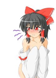 Rule 34 | 1girl, bad id, bad pixiv id, black hair, blush, bow, collarbone, covering privates, covering breasts, detached sleeves, embarrassed, eyes visible through hair, female focus, hair bow, hair tubes, hakurei reimu, hands in opposite sleeves, kokujuuji, long sleeves, nude, ponytail, red eyes, simple background, solo, tears, touhou, wavy mouth, white background, wide sleeves