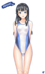 Rule 34 | 1girl, absurdres, arms behind back, asashio (kancolle), black hair, blue eyes, character name, competition swimsuit, cowboy shot, flat chest, highleg, highleg swimsuit, highres, kantai collection, long hair, looking at viewer, notchi, one-piece swimsuit, open mouth, simple background, solo, standing, swimsuit, white background, white one-piece swimsuit