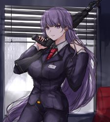 Rule 34 | 1girl, an-94, assault rifle, belt, braid, breasts, building, commission, commissioner upload, fire emblem, fire emblem: the binding blade, formal, french braid, gazelle jun, gun, highres, long hair, looking at viewer, medium breasts, nail polish, necktie, nintendo, pant suit, pants, purple eyes, purple hair, red nails, rifle, serious, solo, sophia (fire emblem), standing, suit, very long hair, weapon, window, window blinds, window shutter
