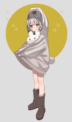 Rule 34 | 1girl, absurdres, animal ears, bad id, bad twitter id, black footwear, blush stickers, boots, closed mouth, commentary, eyebrows hidden by hair, full body, grey background, grey hair, grey hoodie, highres, hood, hood up, hoodie, long sleeves, looking at viewer, maple (abc2215), original, puffy long sleeves, puffy sleeves, rabbit ears, rabbit tail, red eyes, sleeves past wrists, solo, standing, stuffed animal, stuffed rabbit, stuffed toy, symbol-only commentary, tail, two-tone background, yellow background