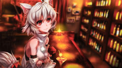 Rule 34 | 1girl, albino, animal ears, bar (place), bare shoulders, blurry, cocktail glass, crossed arms, cup, depth of field, detached sleeves, drinking glass, inubashiri momiji, k2pudding, shirt, short hair, skirt, smile, solo, tail, touhou, white hair, wolf ears, wolf tail