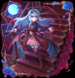 Rule 34 | 1girl, absurdres, ascot, bad id, bad pixiv id, blood, bloody weapon, blue ascot, blue eyes, blue flower, blue hair, blue rose, breasts, demon wings, floating hair, flower, framed, full moon, grey hair, hairband, high heels, highres, holding, holding knife, jewelry, knife, large breasts, layered skirt, long hair, long sleeves, looking at viewer, low wings, moon, open clothes, open skirt, original, outstretched arms, pantyhose, parted lips, picture frame, pink pupils, red skirt, rose, shichigatsu, skirt, smile, solo, spread arms, stairs, standing, standing on one leg, striped clothes, striped pantyhose, vertical-striped clothes, vertical-striped pantyhose, weapon, wings