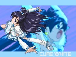 Rule 34 | 00s, 1girl, black hair, blue background, blue eyes, boots, bow, brooch, character name, cure white, dress, earrings, eyelashes, fuchi minoru, full body, futari wa precure, futari wa precure max heart, half updo, heart, heart brooch, jewelry, knee boots, long hair, magical girl, outstretched arms, ponytail, precure, ribbon, solo, spread arms, white footwear, yukishiro honoka