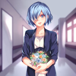 Rule 34 | 1girl, blue cardigan, blue eyes, blue hair, blurry, blurry background, breasts, cardigan, commentary request, day, depth of field, door, flower, g4265059, hair over one eye, highres, holding, holding flower, indoors, kirishima touka, large breasts, looking at viewer, parted lips, shirt, short hair, smile, solo, standing, teeth, tokyo ghoul, tokyo ghoul:re, upper body, upper teeth only, white shirt, window