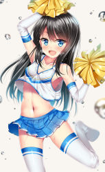Rule 34 | 10s, 1girl, :d, alternate costume, armpits, asashio (kancolle), black hair, blue eyes, blue skirt, blurry, cheering, cheerleader, collarbone, depth of field, grey background, hair between eyes, highres, kantai collection, long hair, navel, open mouth, pleated skirt, pom pom (cheerleading), puririn, simple background, skirt, smile, solo, standing, standing on one leg, stomach, sweat, swept bangs, thighhighs, very sweaty, water drop, white thighhighs