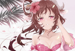 Rule 34 | 1girl, animal ears, arknights, arm up, backlighting, bare shoulders, bikini, blush, breasts, brown hair, cleavage, collarbone, commentary request, crying, crying with eyes open, eyjafjalla (arknights), eyjafjalla (summer flower) (arknights), flower, goat ears, goat horns, hair flower, hair ornament, hand in own hair, happy tears, hibiscus, highres, horns, kaminarichyan, long hair, looking at viewer, medium breasts, off-shoulder bikini, off shoulder, official alternate costume, parted lips, petals, pink bikini, pink flower, purple eyes, smile, solo, swimsuit, tears, upper body