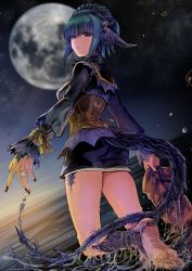 Rule 34 | 1girl, absurdres, au ra, barefoot, black nails, commission, corset, dutch angle, final fantasy, final fantasy xiv, fingernails, from behind, full moon, highres, jewelry, komota (kanyou shoujo), long sleeves, looking at viewer, looking back, moon, nail polish, night, night sky, ocean, parted lips, purple shirt, ring, shirt, skeb commission, sky, solo, tail, walking, warrior of light (ff14)