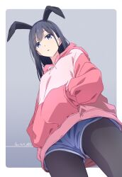 Rule 34 | 1girl, animal ears, black hair, black pants, blue eyes, blue shorts, commentary request, dated, fake animal ears, gradient background, grey background, hands in pockets, highres, jacket, medium hair, monai-chan (nii manabu), multicolored clothes, multicolored jacket, nii manabu, original, pants, pink jacket, rabbit ears, shorts, signature, solo, standing, two-tone jacket