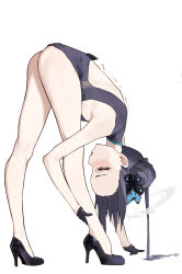 Rule 34 | 1girl, ass, bare legs, bent over, black dress, black footwear, black hair, blue archive, breasts, butterfly hair ornament, china dress, chinese clothes, dragon print, dress, exercising, hair bun, hair ornament, halo, high heels, highres, kisaki (blue archive), long hair, pelvic curtain, print dress, red eyes, sawaki ken, shoes, simple background, sleeveless, sleeveless dress, small breasts, solo, standing, thighs, trembling, twintails, white background