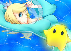 Rule 34 | 1girl, afloat, ayakabu, bad id, bad pixiv id, blonde hair, blue eyes, breasts, crown, earrings, hair over one eye, highres, jewelry, long sleeves, luma (mario), mario (series), nail polish, nintendo, open mouth, partially submerged, rosalina, super mario galaxy, wand, water
