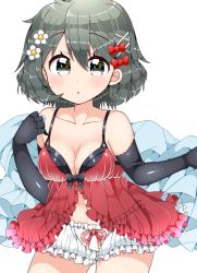 Rule 34 | 10s, 1girl, alternate costume, arato asato, bare shoulders, black gloves, black hair, bloomers, blush, bow, breasts, collarbone, commentary request, cowboy shot, elbow gloves, flower, frills, gloves, hair between eyes, hair bow, hair flower, hair ornament, highres, kaban (kemono friends), kemono friends, lingerie, looking at viewer, medium breasts, red bow, short hair, simple background, solo, underwear, white background, x hair ornament