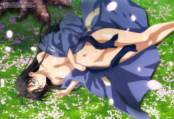 Rule 34 | 10s, 1girl, absurdres, antenna hair, black hair, blush, breasts, cherry blossoms, cleavage, glasses, grass, green eyes, hasegawa chisato, highres, japanese clothes, kimono, large breasts, long hair, looking at viewer, lying, megami magazine, mole, mole under eye, morimae kazuya, naked kimono, navel, nude, official art, on back, open clothes, open kimono, outdoors, parted lips, red-framed eyewear, scan, semi-rimless eyewear, shinmai maou no testament, shiny skin, smile, solo, teeth, tree, very long hair