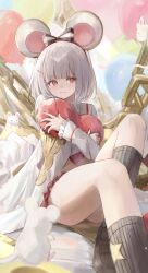Rule 34 | 1girl, absurdres, animal ears, balloon, black footwear, black socks, chain, closed mouth, fake animal ears, granblue fantasy, grey hair, hair ornament, hairband, hairclip, heart, heart-shaped pillow, highres, hugging object, kneehighs, knees up, loafers, long sleeves, looking at viewer, mouse (animal), mouse ears, pillow, pillow hug, red eyes, shiro wa (shiroshironix), shirt, shoes, short hair, sitting, smile, socks, solo, vikala (granblue fantasy), white shirt, wide sleeves