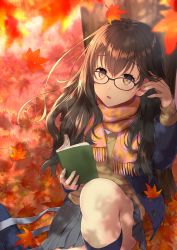 Rule 34 | 1girl, against tree, aimori meguru, argyle, argyle clothes, argyle scarf, arm up, autumn leaves, bad id, bad pixiv id, bag, black-framed eyewear, blue coat, blue socks, blurry, blurry foreground, book, brown eyes, brown hair, brown sweater, coat, day, depth of field, fingernails, fringe trim, glasses, grey skirt, hand up, highres, holding, holding book, knee up, kneehighs, leaf, long hair, long sleeves, maple leaf, on ground, open book, open clothes, open coat, original, outdoors, parted lips, pink scarf, pleated skirt, scarf, school bag, school uniform, sitting, skirt, socks, solo, sweater, tree, unmoving pattern