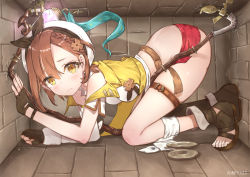 Rule 34 | 1girl, all fours, atelier (series), atelier ryza, atelier ryza 2, bare shoulders, belt, braid, breasts, brick, brown hair, fingerless gloves, from side, frown, full body, gloves, hanging breasts, hat, light, looking at viewer, looking to the side, midriff, orange eyes, red shorts, reisalin stout, sandals, short hair, short shorts, shorts, tansan daisuki, toes, top-down bottom-up