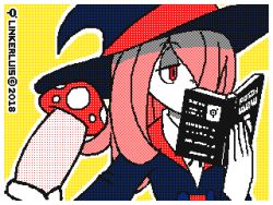 Rule 34 | 1girl, animated, animated gif, artist name, blinking, blue hat, book, border, dated, expressionless, eyeshadow, fingernails, fly agaric, hair over one eye, handjob, hat, hat ribbon, holding, holding book, linker, little witch academia, long fingernails, long hair, long sleeves, luna nova school uniform, makeup, mushroom, neck ribbon, open book, outline, pale skin, phallic symbol, pink hair, pinky out, reading, red eyes, ribbon, school uniform, sexually suggestive, shirt, solo, sucy manbavaran, upper body, watermark, white border, white outline, white shirt, wide sleeves, witch, witch hat, yellow background