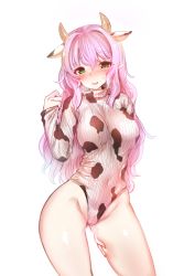 Rule 34 | 1girl, absurdres, animal ears, animal print, blush, breasts, cow ears, cow horns, cow print, cowboy shot, extra ears, gluteal fold, green eyes, hair between eyes, harigane shinshi, heattech leotard, highres, horns, large breasts, leotard, long hair, open mouth, original, pink hair, pointy ears, ribbed leotard, solo, turtleneck, white background