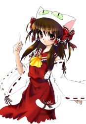 Rule 34 | 1girl, animal ears, ascot, cat ears, cat girl, female focus, hair ribbon, hakurei reimu, hat, holding, holding quill, japanese clothes, kemonomimi mode, miko, quill, ribbon, simple background, solo, touhou, white background, yellow ascot