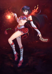 Rule 34 | 1girl, :o, adapted costume, alternate costume, arm warmers, bishoujo senshi sailor moon, black hair, bow, breasts, brooch, covered erect nipples, crop top, detached sleeves, full body, hentaitop, highres, hino rei, jewelry, kneehighs, long hair, looking at viewer, magical girl, midriff, miniskirt, navel, ofuda, purple bow, purple eyes, red footwear, red skirt, sailor collar, sailor mars, shoes, signature, skirt, socks, solo, standing, underboob, white socks